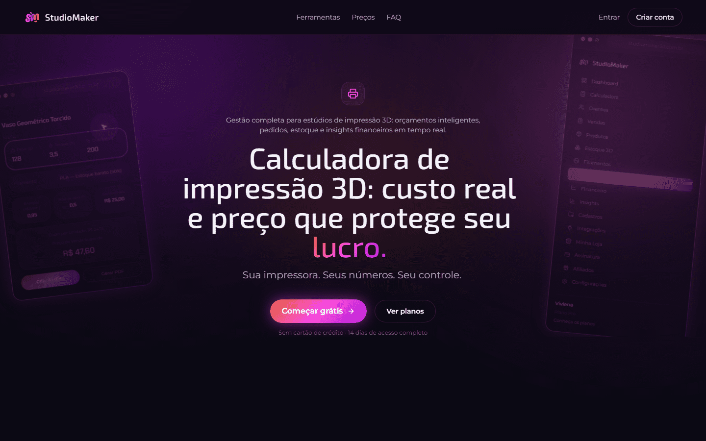 Prévia do projeto StudioMaker — gestão para estúdios 3D